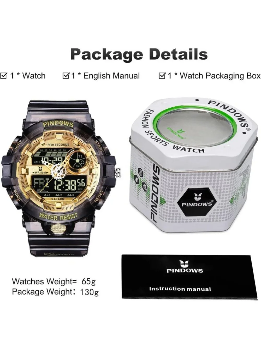 Men's Black Analog Quartz Digital Sports LED Waterproof Countdown Wrist Watch